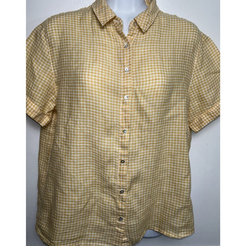 C&C California Shirt Women S Yellow White Gingham 100% Linen Button Up Casual